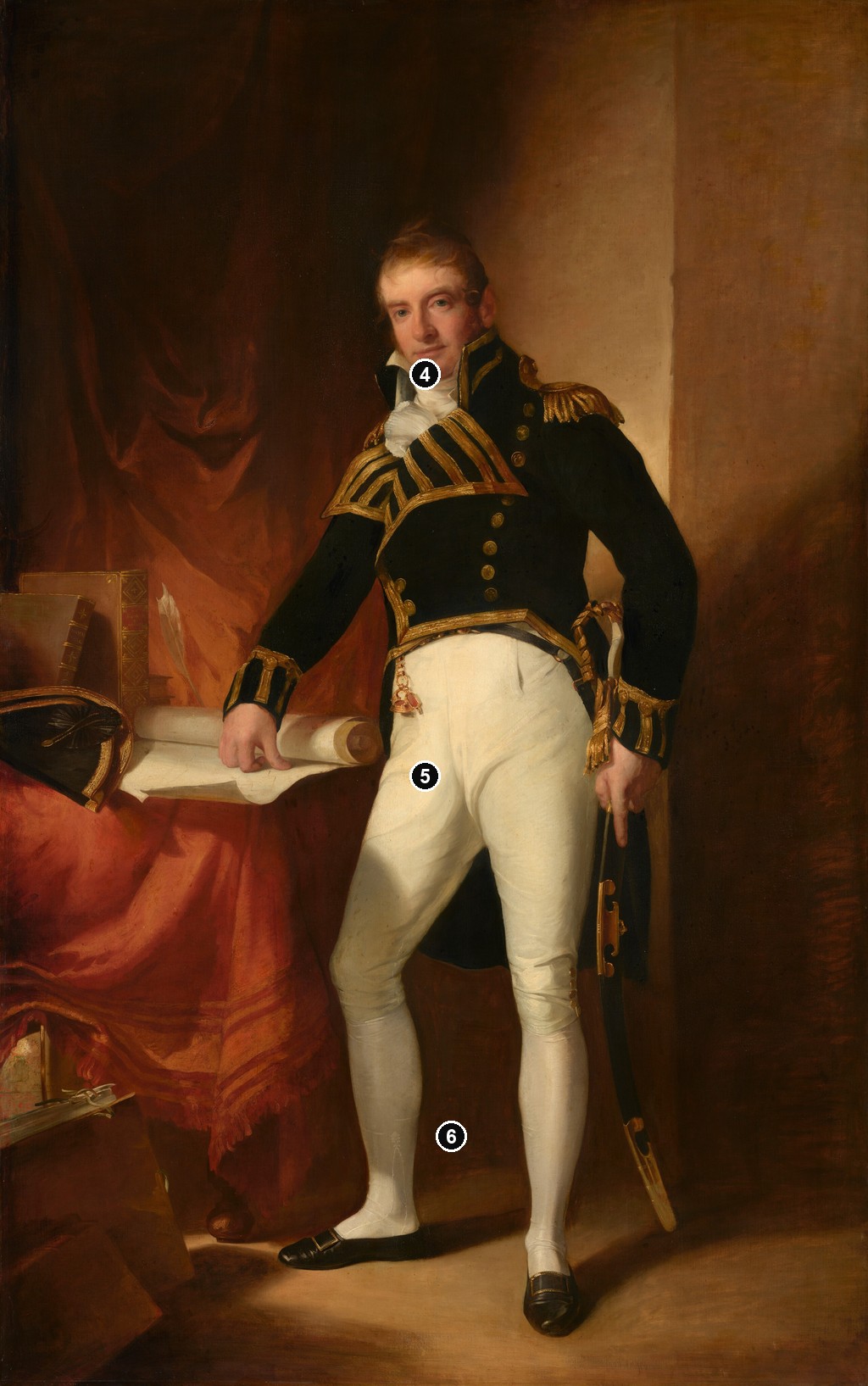 Annotated details from Captain Charles Stewart by Thomas Sully
